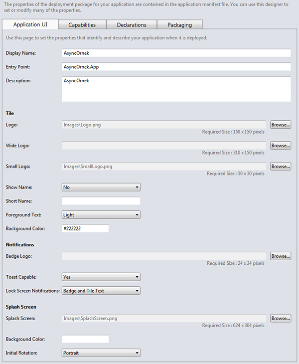 Visual Studio 2011 - Metro Style Application - Package Manifest - Application UI