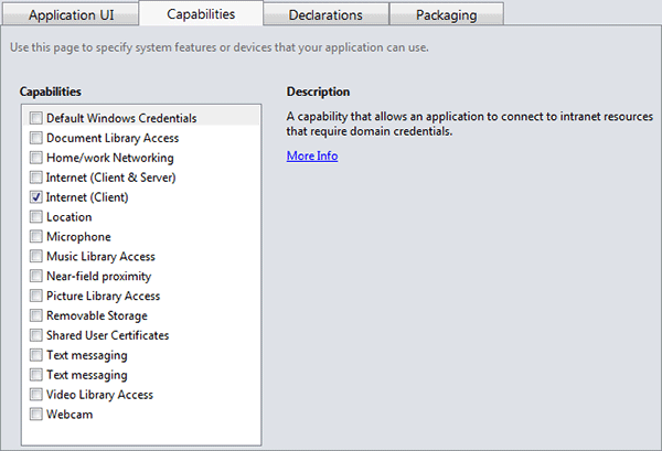 Visual Studio 2011 - Metro Style Application - Package Manifest - Capabilities
