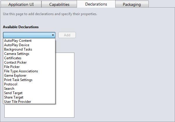 Visual Studio 2011 - Metro Style Application - Package Manifest - Declarations