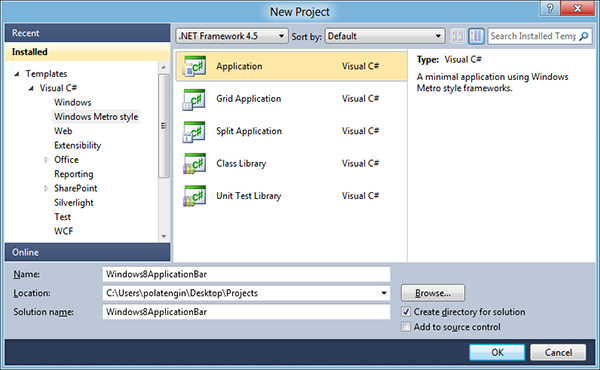 Windows Metro Style Application New Project Dialog