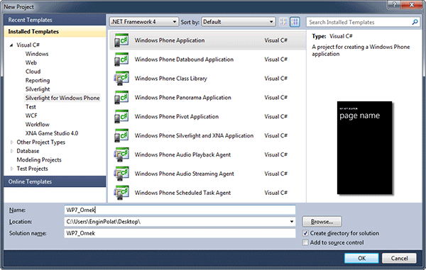 Windows Phone 7 Yeni Proje